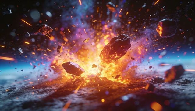 Molten planet explosion erupting fireball launching glowing asteroid debris in deep space