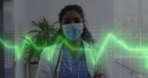 Confident healthcare worker with ecg icon visualized in hospital corridor