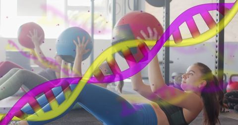 this visual blends athleticism and science, featuring diverse women engaged in medicine ball exercises combined with a dna strand overlay. it represents concepts of fitness, genetics, and technology. ideal for use in health and wellness articles, sports science studies, and fitness apps exploring the intersection of physical training and genetic research.