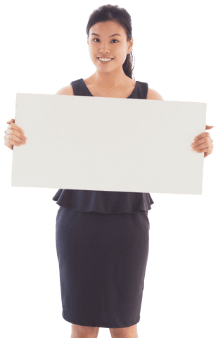 Asian businesswoman holding blank sign on transparent background