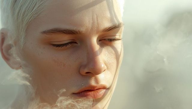 Exhaling model releasing vapor with warm sculpting light, dewy freckled close-up portrait