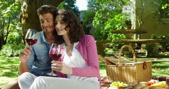 Young couple is enjoying a romantic outdoor picnic with wine in a sunlit garden. They are sitting on a blanket with a wicker basket and food in front of them. Perfect for themes related to relaxation, romance, outdoor activities, simple pleasures, and nature.