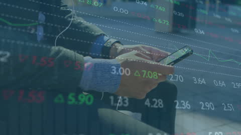 Businessman Using Smartphone with Stock Market Data Overlay
