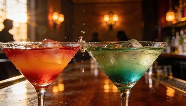 Colorful martini cocktails clinking with splash on bar counter warm bokeh ambience