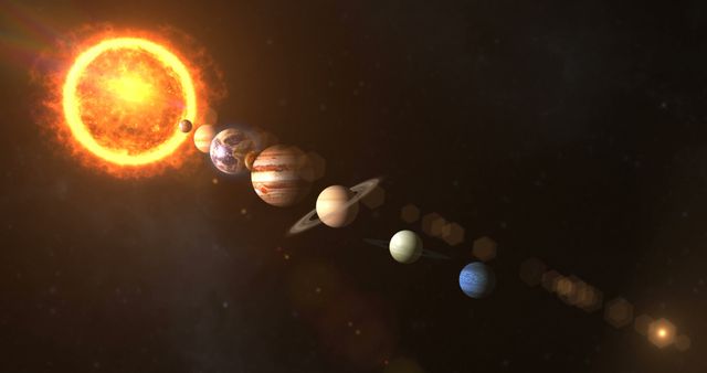 An artistic illustration depicting the solar system with all planets aligned in order, showcasing a glowing sun on the left and the planets graduating in size and distance. Ideal for use in educational materials, science infographics, astronomy blogs, and space exploration articles.