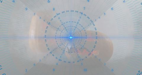 Hand holding capsule with futuristic circular hud, blue light burst and diagnostic grid