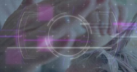 Blurred female-presenting closeup floating with hud reticle, neon glitch overlay cyberpunk