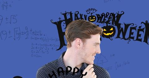 Happy Man on Math-Themed Purple Halloween Background