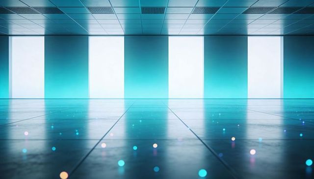 Glowing minimalist showroom with three tall light panels and reflective tiled floor