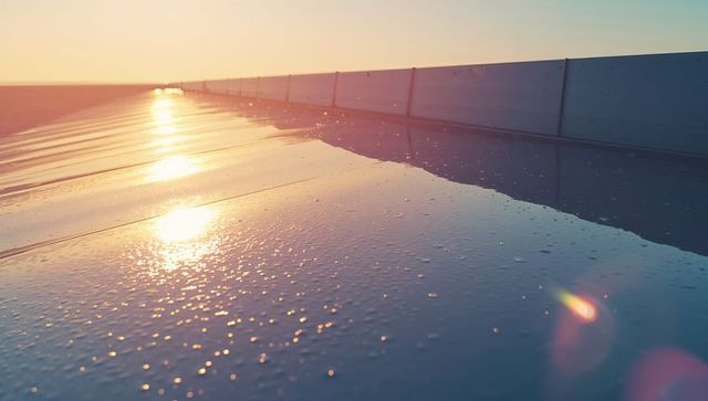 Sunrise Reflections on Metallic Rooftop with Droplets