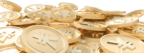 Transparent gold coins with yen symbol on a transparent background
