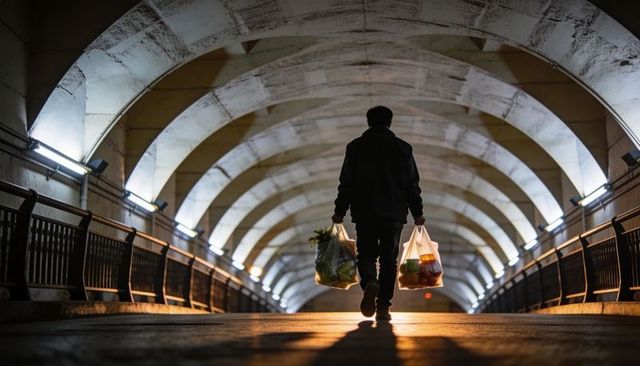 Silhouetted pedestrian walking through illuminated arched underpass carrying grocery bags