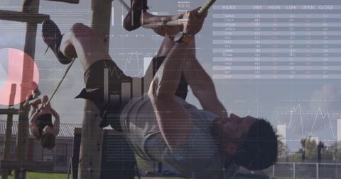 Man executing inverted bodyweight row on outdoor fitness bar