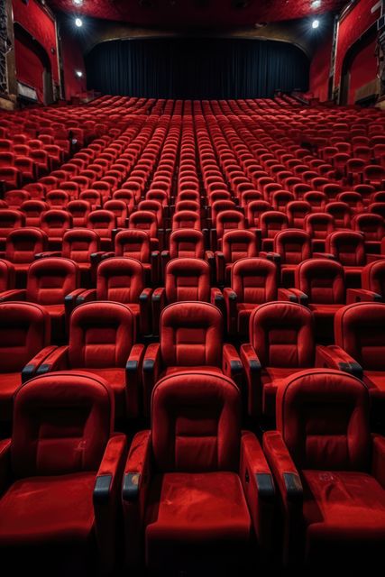 Rows of empty red seats face a large screen in a movie theater. The image captures the anticipation of an audience before a film screening.