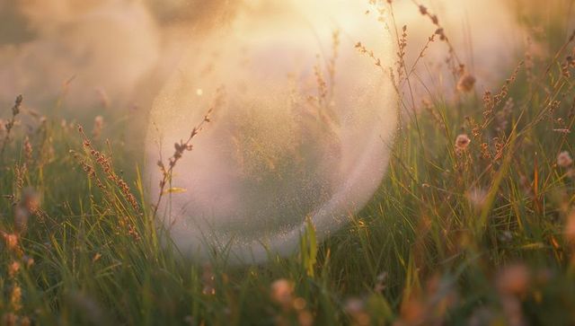 Glistening Soap Bubble Among Sunlit Meadow Wildflowers