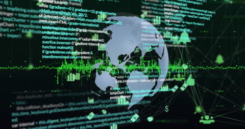Digital Globe with Media Icons and Financial Data Visualization
