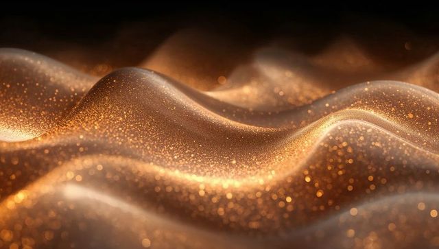 Shimmering golden glitter waves undulating over metallic bronze surface with bokeh glow