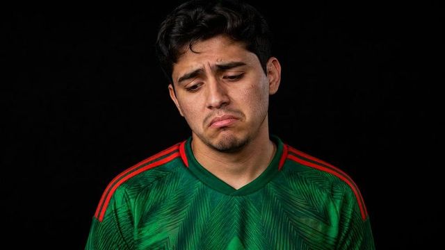 Somber hispanic man closeup wearing green palm-print soccer jersey with red stripes