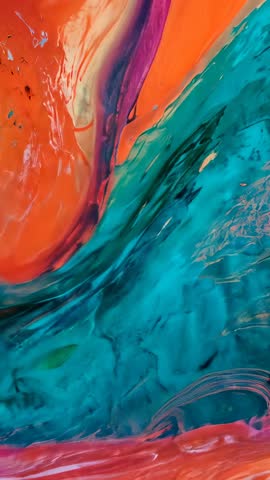 Vertical video panning across vibrant resin fluid art revealing glossy turquoise and orange pigments