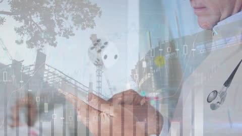 Doctor Analyzing Data on Smartphone with Finance Overlay