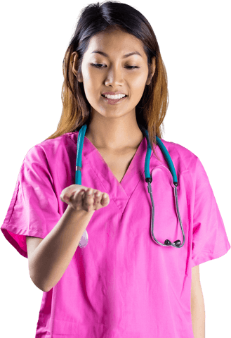 Friendly asian nurse with outstretched hand in transparent background