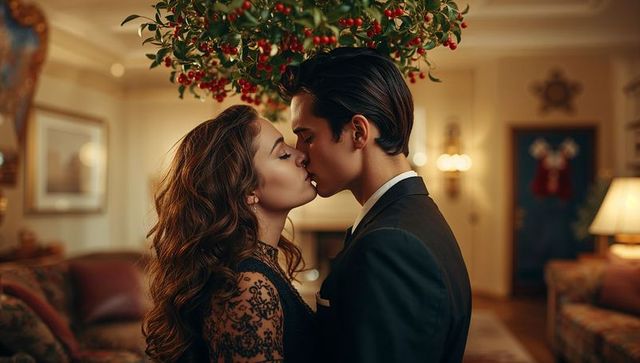 Elegant couple kissing under mistletoe in festive living room