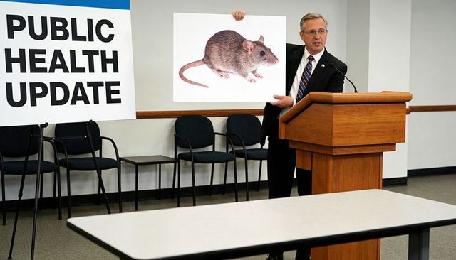 Public health official presenting large rat poster during press briefing at wooden podium
