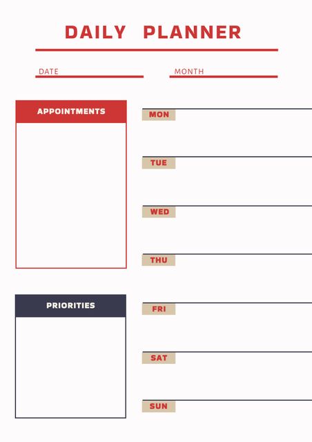 Designed for optimizing time management, this red-accented weekly planner serves as a practical tool for scheduling appointments and setting priorities. Ideal for busy professionals, students, or anyone looking to structure their week, it provides clear sections for each day and separate blocks for tracking key tasks and appointments.