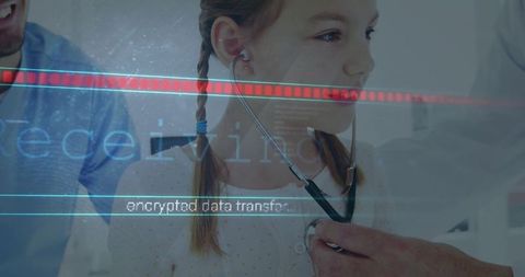 Girl in pediatric exam with stethoscope and encrypted digital health data overlay