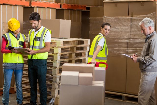 Warehouse team preparing shipment with manager supervising. Workers wearing safety vests and helmets, checking inventory on clipboards. Ideal for illustrating logistics, teamwork, and industrial operations. Suitable for articles on warehouse management, supply chain, and workplace safety.