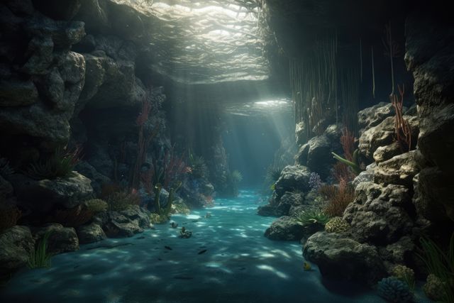 Rays of sunlight and plant life in underwater cave, created using generative ai technology - Download Free Stock Photos Pikwizard.com
