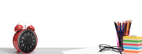 Transparent office desk with alarm clock and art supplies