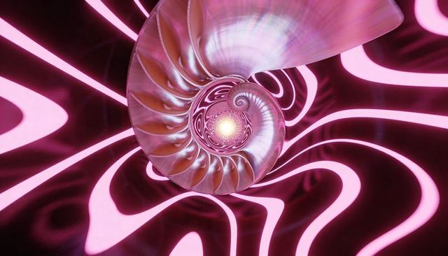 Glowing nautilus spiral with neon-pink bands and reflective pearl core in maroon tunnel