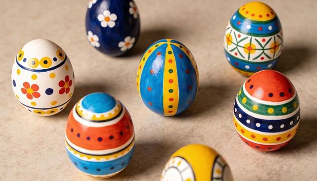Hand-painted Easter eggs displaying colorful folk patterns on neutral beige surface