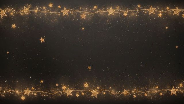 Golden star garland border with glowing particles, twinkling bokeh and festive sparkle