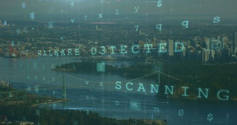 Digital data overlays cityscape illustrating cybersecurity threats