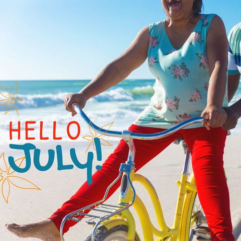 Excited Senior Woman Riding Bicycle on Beach in July