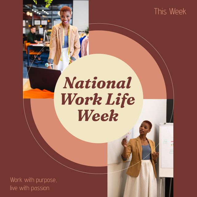 Image depicts an African American businesswoman participating in activities promoting work-life balance. She is shown in a professional office environment, highlighting a digital campaign for National Work Life Week. This photo can be used in corporate presentations, HR materials, motivational posters, and diversity-inclusive campaigns focused on well-being, productivity, and passion in the workplace.