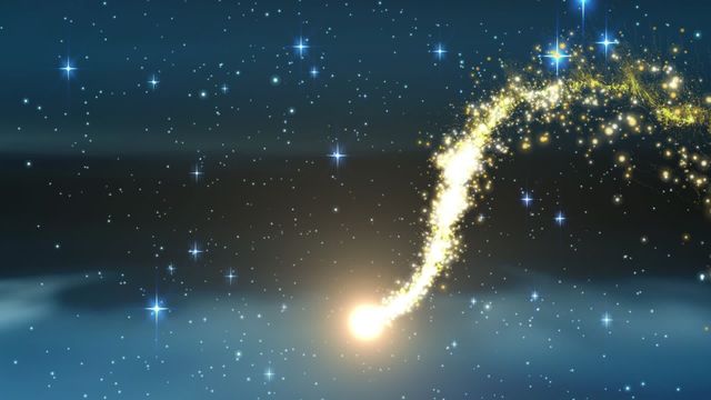 Beautiful animation showing a glowing shooting star and drifting snowflakes against a dark night sky with bright stars. Useful for Christmas cards, winter holiday promotions, or celestial-themed presentations.