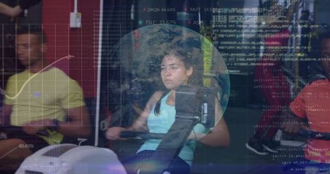 Woman rowing on ergometer with fitness data overlays and globe visualization