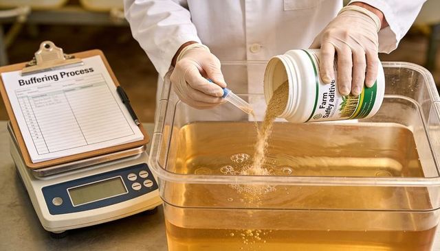 Lab technician pouring powdered additive into amber solution during buffering process
