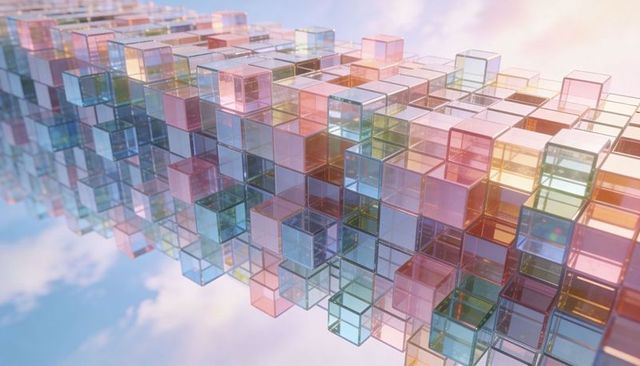 Floating translucent pastel cube lattice slanting into sky with glass prism reflections