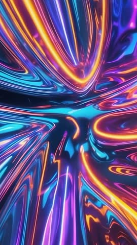 Vertical loop of neon-streaked metallic reflections swirling into V-shape in dark void