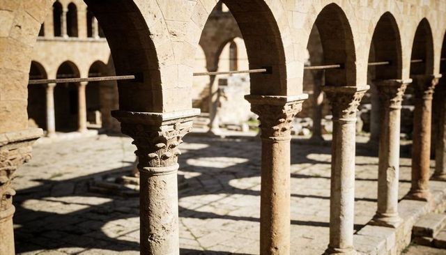 Sunlit romanesque cloister colonnade with carved capitals and flagstone shadow patterns