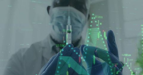 Doctor in Lab Coats with Syringe and Digital Analytics Overlay