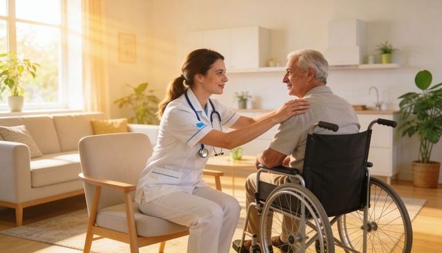 Nurse comforting senior man in wheelchair during in-home care visit with warm sunlight