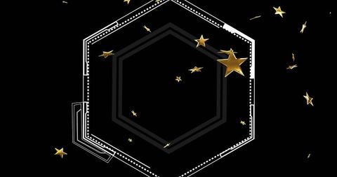 Minimalist metallic hexagon frame featuring floating gold stars on black negative space