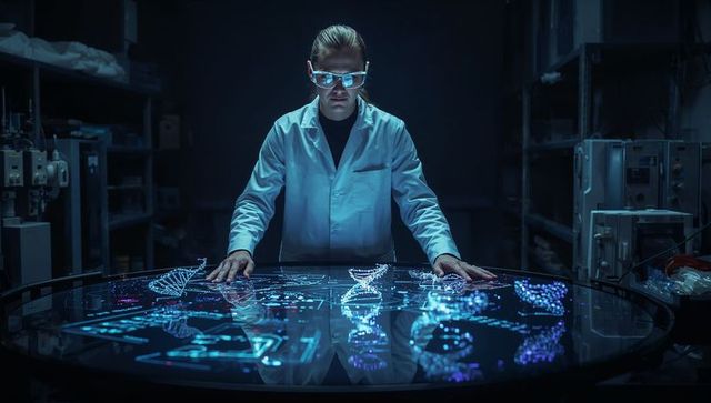 Analyzing holographic dna on interactive touchscreen table by focused scientist in dim lab