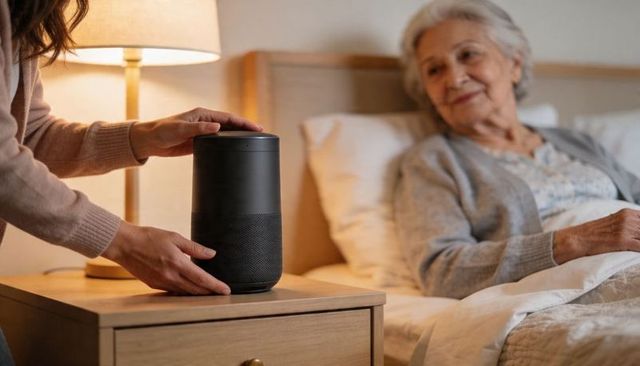 Caregiver placing smart speaker on nightstand beside senior woman in warm cozy bedroom