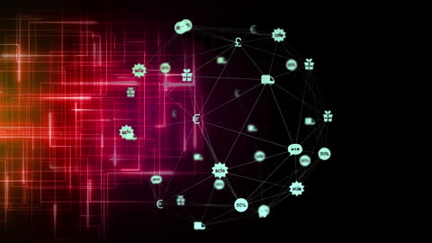 Global Digital Network with Light Trails and Icons
